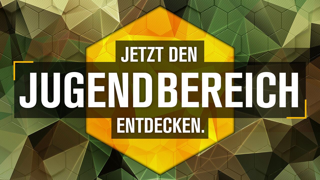 Ein Polygon Hintergrund mit der Aufschrift und das Logo des Jugendbereichs in orange. Im Vordergrund befindet sich die Aufschrift "Jetzt den Jugendbereich entdecken"