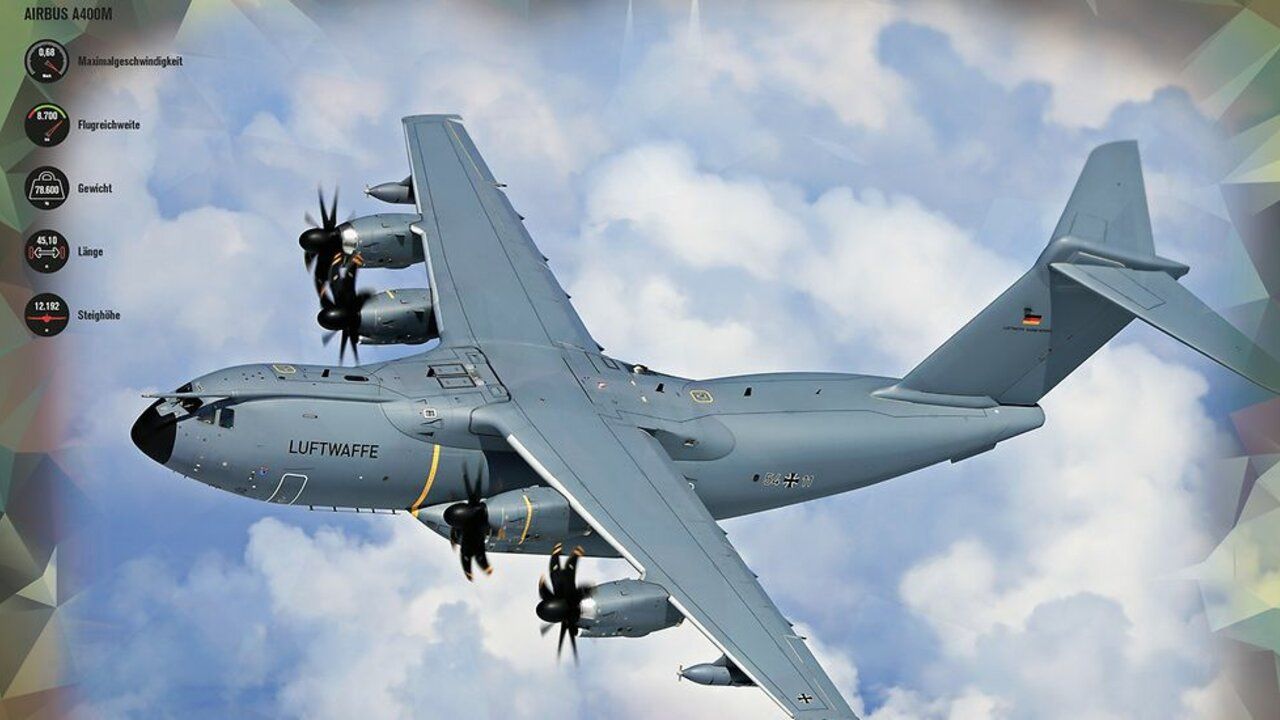 Der Airbus A400M in der Luft. Die technischen Daten sind im linken Bildrand platziert. 