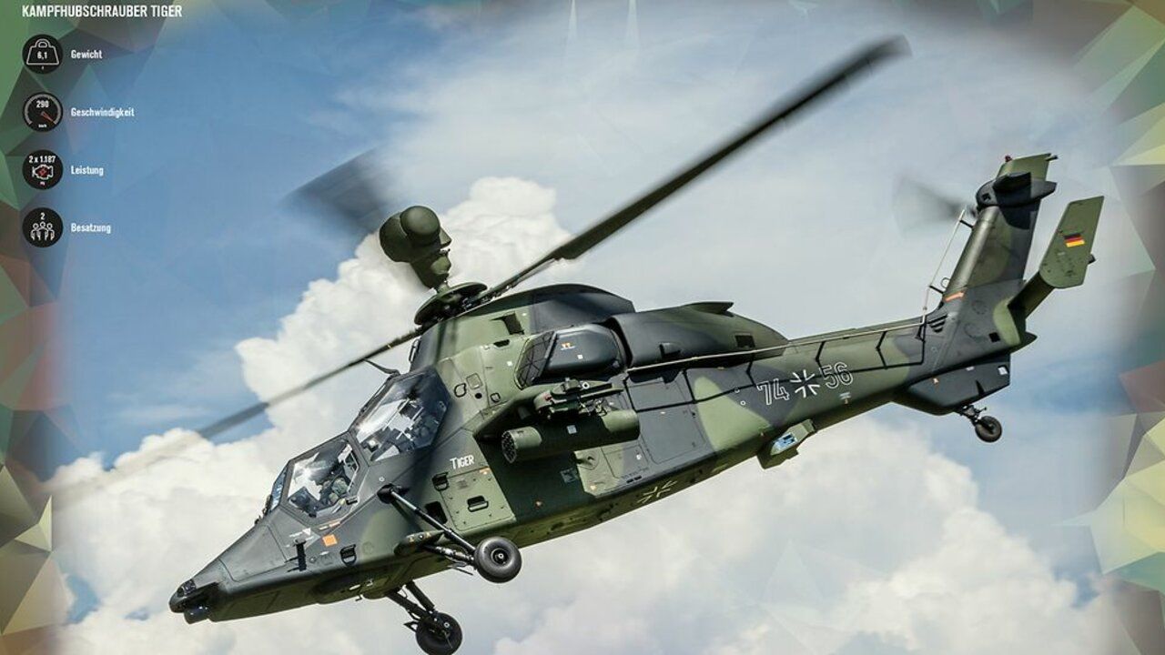 Der Kampfhubschrauber Tiger ist zu sehen. In der oberen linken Ecke sind die technischen Daten des Hubschraubers abgebildet. 