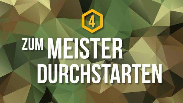 Ein Polygon Hintergrund mit der Aufschrift "Zum Meister durchstarten"