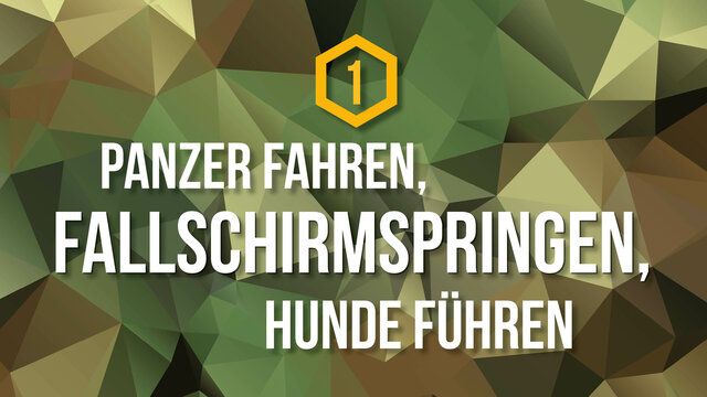 Ein Polygon Hintergrund mit der Aufschrift "Panzer fahren, Fallschirmspringen, Hunde führen"