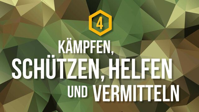 Ein Polygon Hintergrund mit der Aufschrift "Kämpfen, schützen, helfen und vermitteln"