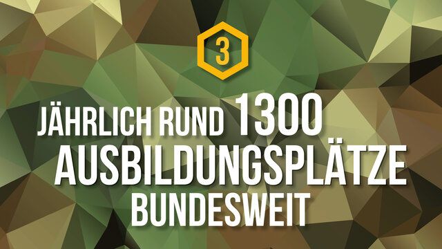 Ein Polygon Hintergrund mit der Aufschrift "Jährlich rund 1300 A0usbildungsplätze bundesweit"