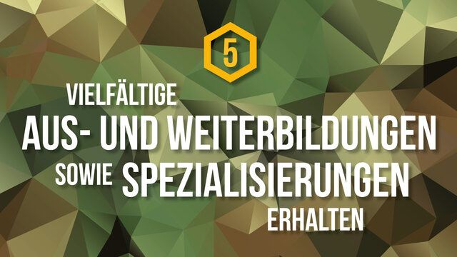 Ein Polygon Hintergrund mit der Aufschrift "Vielfältige Aus- und Weiterbildungen sowie Spezialisierungen erhalten"