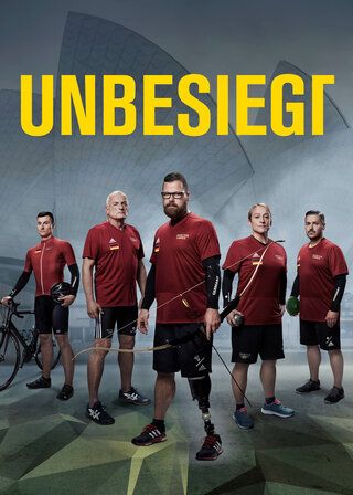 Das Plakat "Unbesiegt". Mehrere Sportler aus verschiedenen Disziplinen sind abgebildet. 